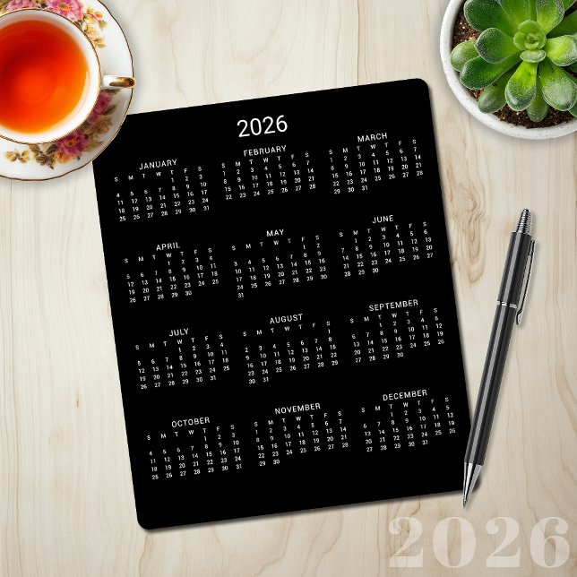 Mousepad Calendário Preto Minimalista Moderno de 2026 (2026 Modern Minimalist Black Calendar Mouse Pad)