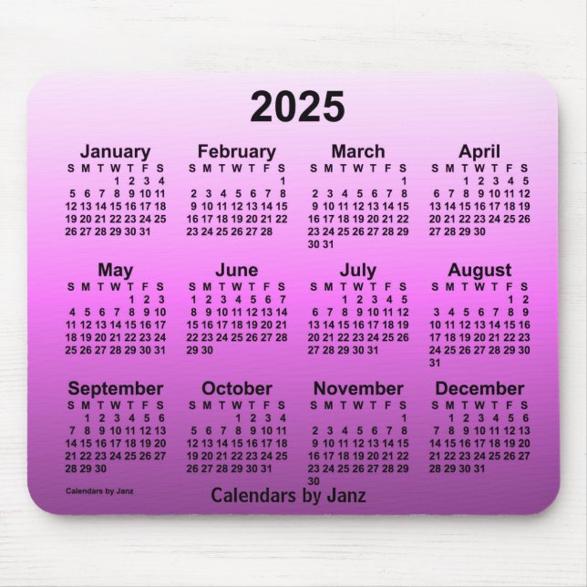 Mousepad Calendário rosa quente 2025 desbotado por Janz (Frente)