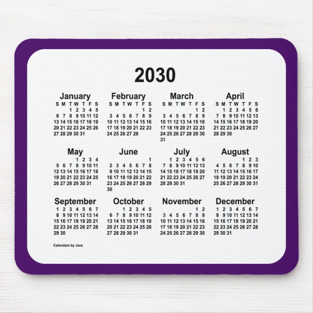 Mousepad Calendário roxo e branco 2030 por Janz Dois Tom (Frente)