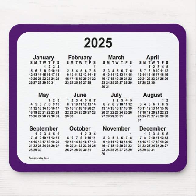 Mousepad Calendário roxo e branco de 2025 por Janz Dois Tom (Frente)