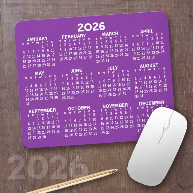 Mousepad Calendário - roxo moderno e branco simples (2026 Calendar on a Mousepad)