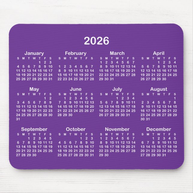 Mousepad Calendário Roxo Real e Branco 2026 (Frente)