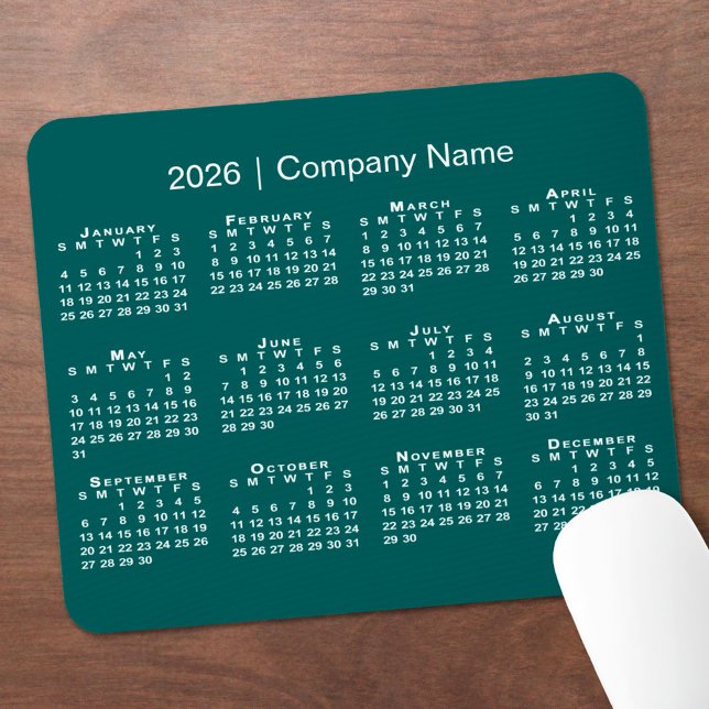 Mousepad Calendário Simples 2026 Nome da Empresa Azul-Verde (Simple 2026 Calendar Company Name on Blue-Green Mouse Pad, in situ)