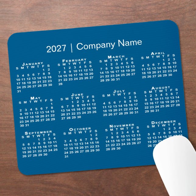 Mousepad Calendário Simples 2027 Nome da Empresa Azul (Simple 2027 Calendar Company Name Blue Mouse Pad in situ)