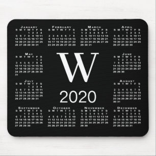 Mousepad Calendário Simples do Monograma Branco e Preto 202