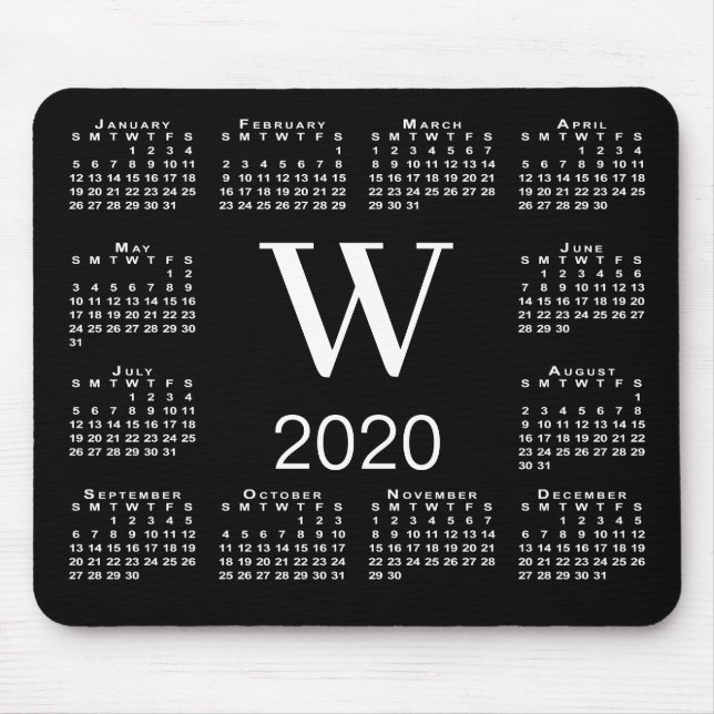 Mousepad Calendário Simples do Monograma Branco e Preto 202 (Frente)