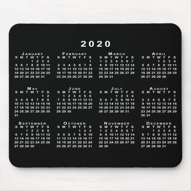 Mousepad Calendário Simples Preto e Branco 2020 (Frente)