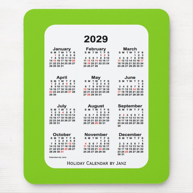 Mousepad Calendário Verde Amarelo Feriado de 2029 por Janz (Frente)