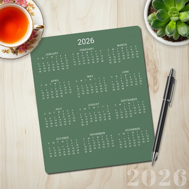 Mousepad Calendário Verde Mínimo Moderno de 2026 (2026 Modern Minimalist Sage Green Calendar Mouse Pad)