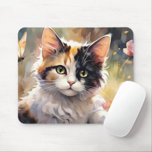 Mousepad Calico Cat e borboletas no Primavera Garden