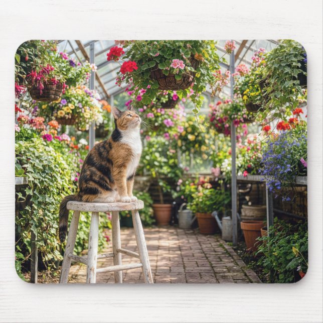 Mousepad Calico Cat on a Stool in a Greenhouse (Frente)