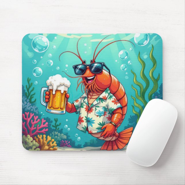 Mousepad Camarão na moda com um copo de cerveja (Com mouse)