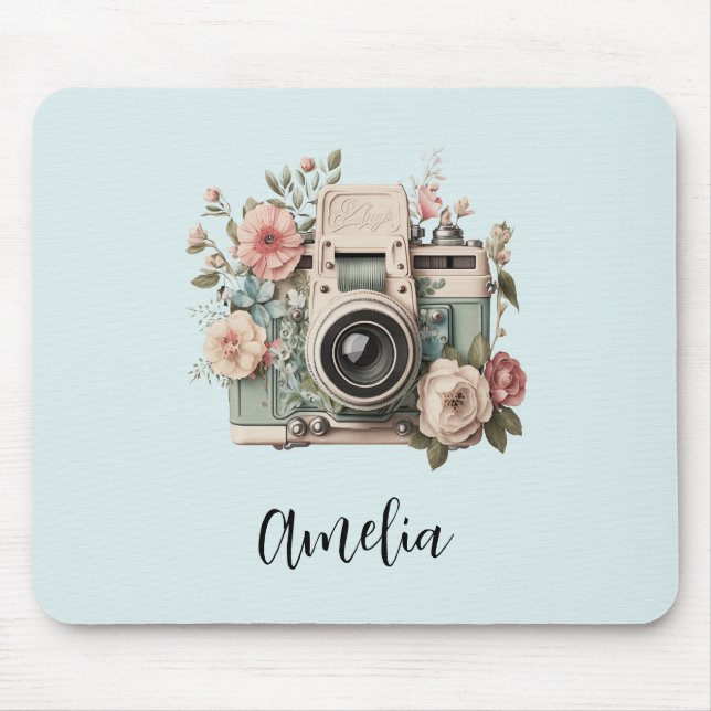 Mousepad Câmera com Imagem Retro Pastel de Flores (Frente)