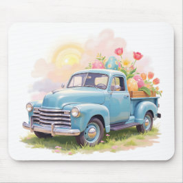 Mousepad Caminhão Azul Vintage com Ovos de Páscoa & Tulipas