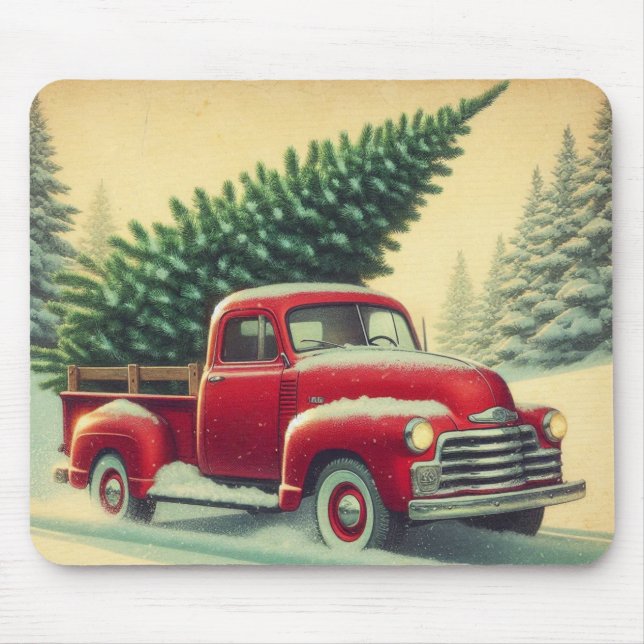Mousepad Caminhão vermelho antigo com árvore de Natal (Frente)