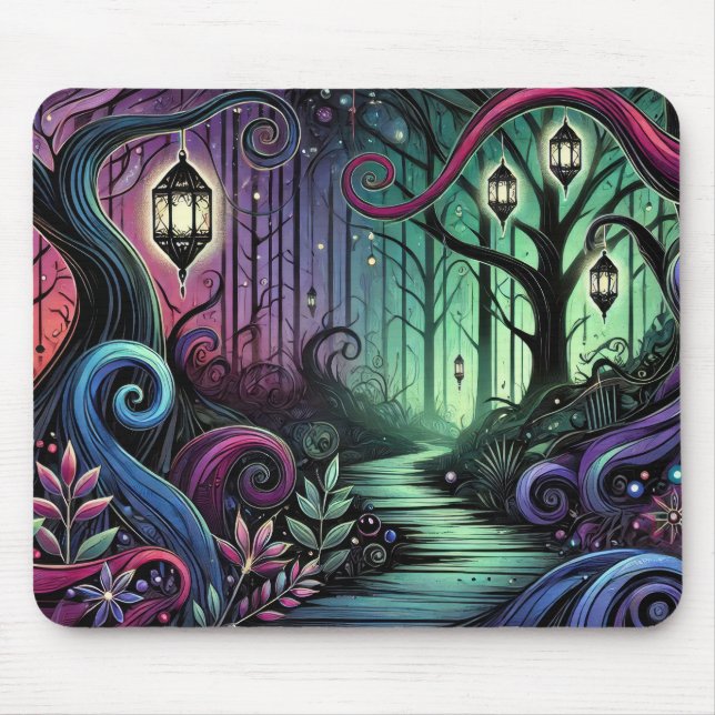 Mousepad Caminho da Floresta Encantada com Lanternas Brilha (Frente)