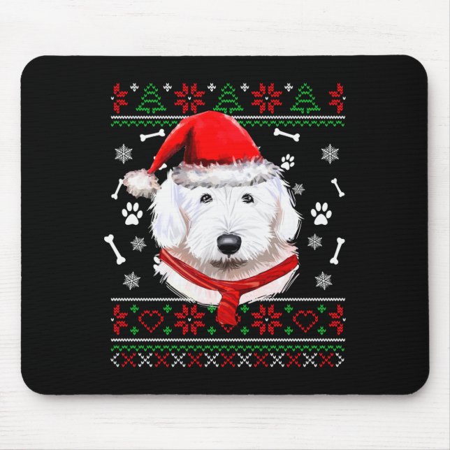 Mousepad Camisola Feia de Natal Cachorro Bobtail Chapéu de  (Frente)