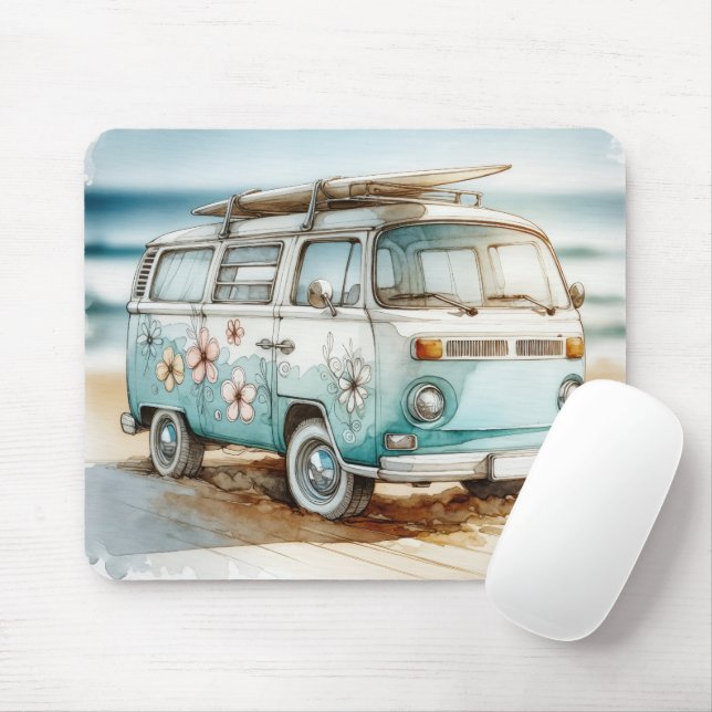 Mousepad Campervan Retro Aquarela Com Surfboard (Com mouse)