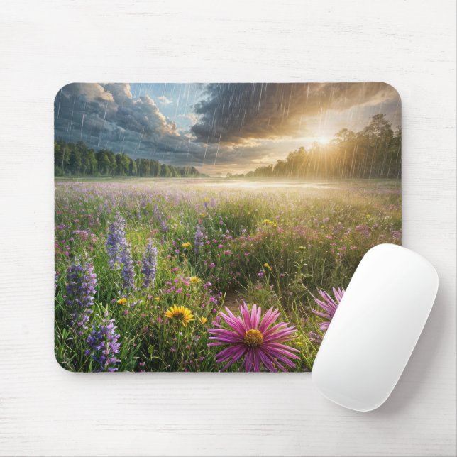 Mousepad Campo De Flor Selvagem Com Gotas De Chuva (Com mouse)