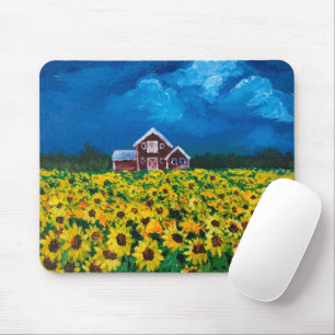 Mousepad campo de girassol de verão do celeiro vermelho do
