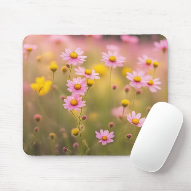 Mousepad Campo de margarida rosa silvestre (Com mouse)