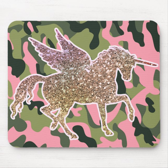 Mousepad Camuflagem verde rosa e Unicórnio brilhante Dourad (Frente)
