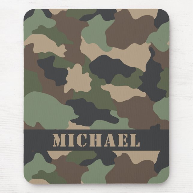 Mousepad Camuflagem Woodland Camo Khaki Tan Monograma Preto (Frente)