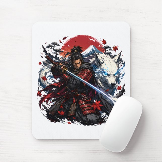 Mousepad Caneca Samurai e Lobo Branco | Fantasia do Guerrei (Com mouse)