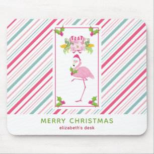 Mousepad Canes doces Flamingo Santa Hat, cor-de-rosa e Holl