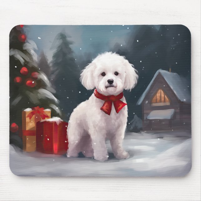 Mousepad Cão Bichon Frise na Neve Natal  (Frente)