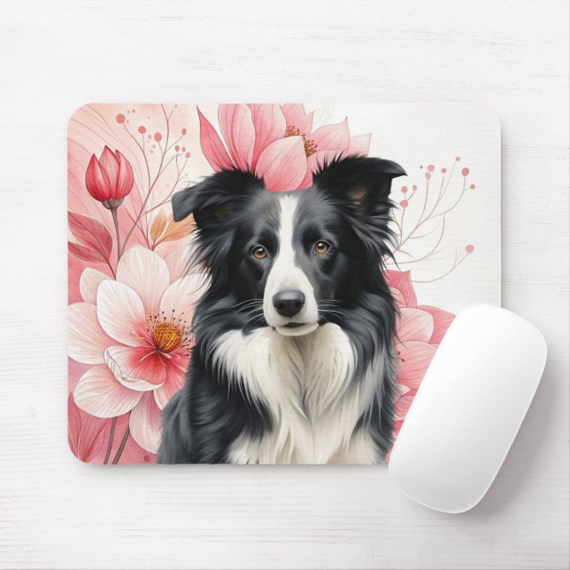 Mousepad Cão Border Collie e Lírios Rosa Intenso (Com mouse)