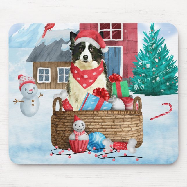 Mousepad Cão Border Collie na Casa de Natal na Neve (Frente)
