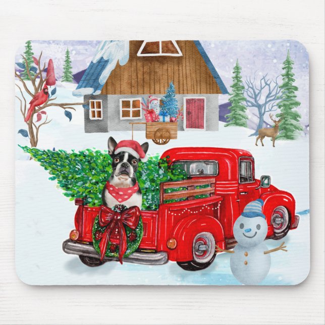 Mousepad Cão Boston Terrier em Caminhão de Entrega de Natal (Frente)