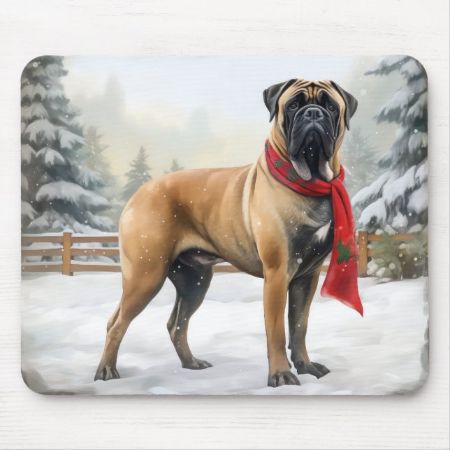Mousepad Cão Bullmastiff na Neve Natal (Frente)
