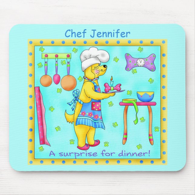 Mousepad Cão Chef Cozinhar Art Turquoise Nome (Frente)