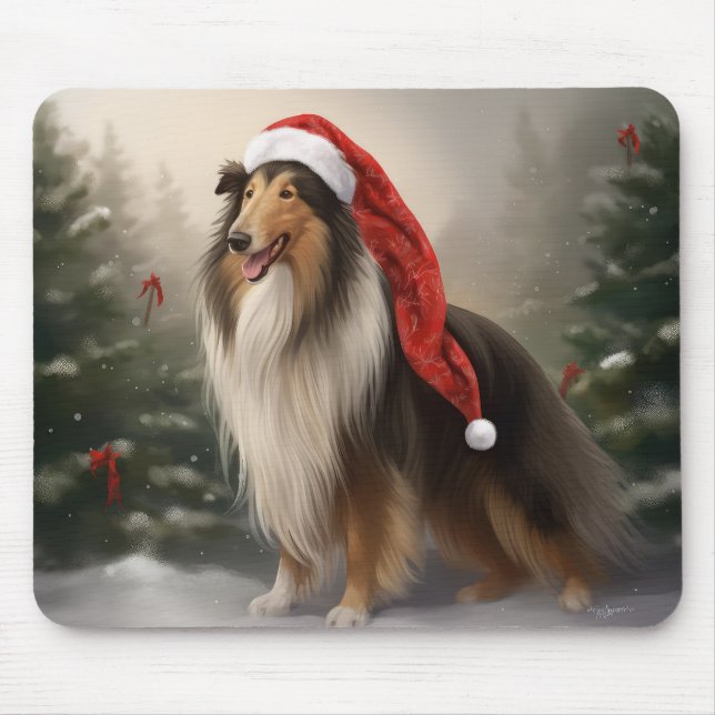 Mousepad Cão Collie na Neve de Natal (Frente)
