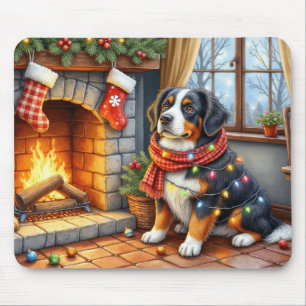 Mousepad Cão de Montanha Bernês em Lareira com Luzes de Nat