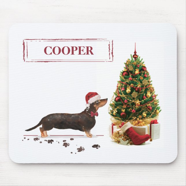 Mousepad Cão de Natal Negro e Tan Dachshund Engraçado (Frente)