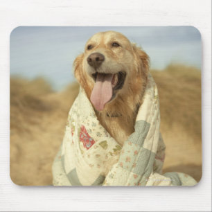 Mousepad Cão do retrato na praia sob a edredão. Queda