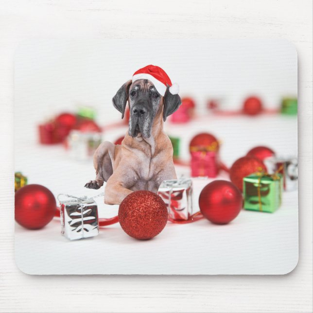 Mousepad Cão Dogue Alemão com Enfeites de Natal Presentes (Frente)