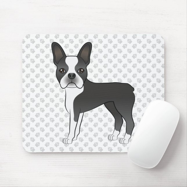 Mousepad Cão e patas de Cartoon Black and White Boston Terr (Com mouse)