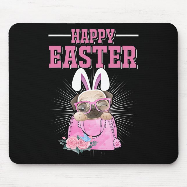 Mousepad Cão Feliz Páscoa Pug Engraçado Coelho _1  (Frente)