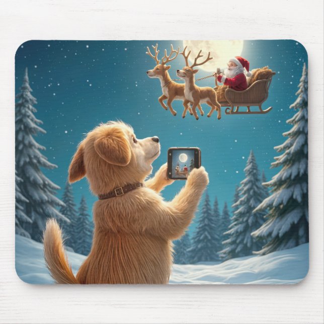 Mousepad Cão Fotografando Papai Noel Em Sleigh (Frente)