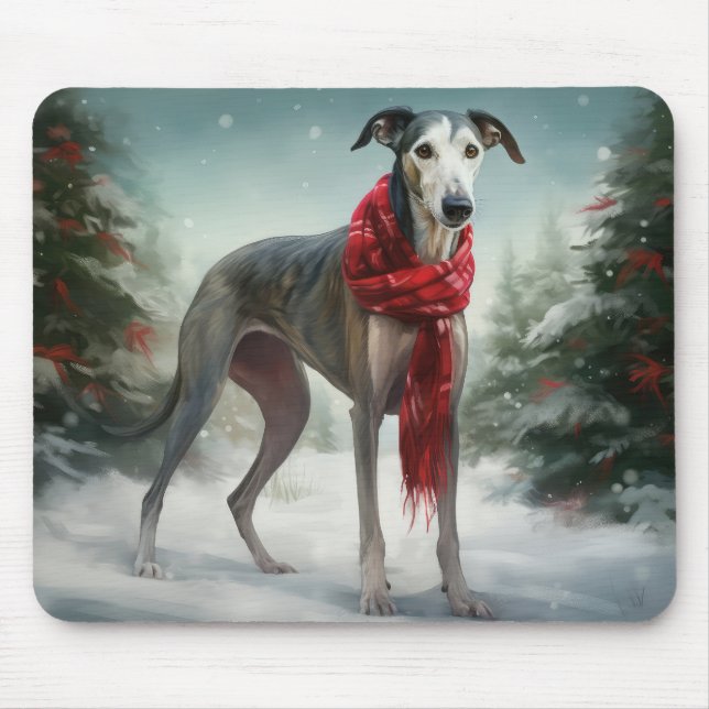 Mousepad Cão Greyhound na neve de Natal  (Frente)