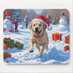 Mousepad Cão Labrador Correndo na Neve com Chapéu de Natal