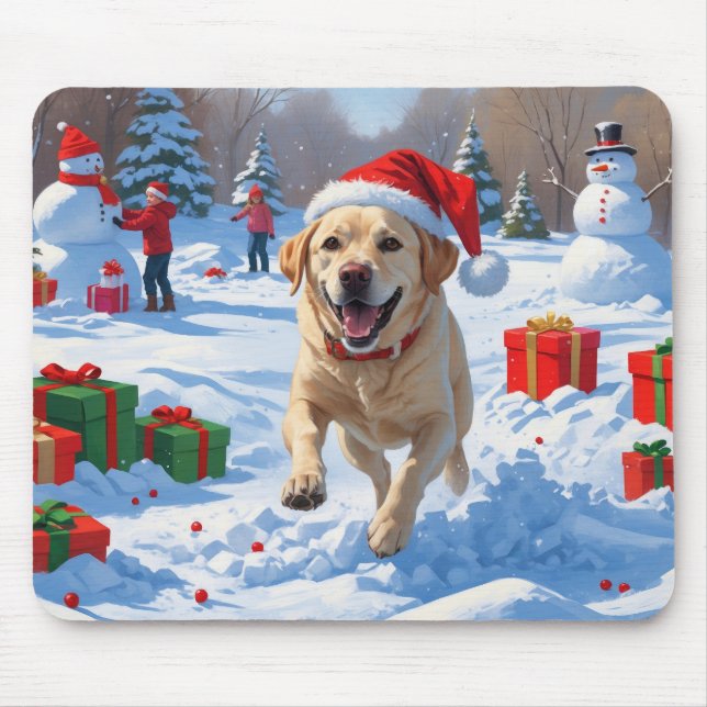Mousepad Cão Labrador Correndo na Neve com Chapéu de Natal (Frente)