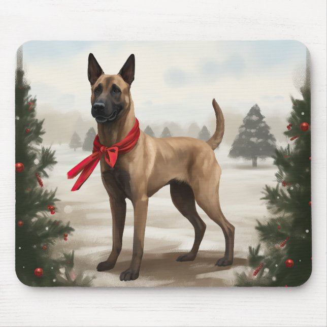 Mousepad Cão Malinois Belga na Neve Natal (Frente)