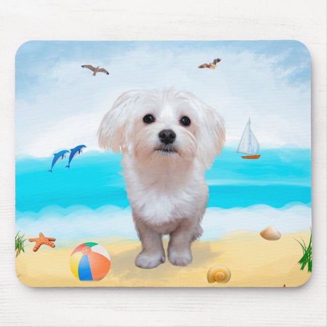 Mousepad Cão Maltês na Praia (Frente)