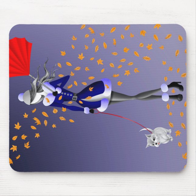 Mousepad Cão passeando folhas de outono azuis (Frente)