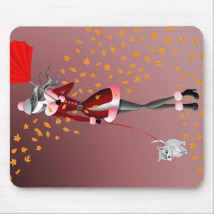 Mousepad Cão passeando folhas de outono Vermelho